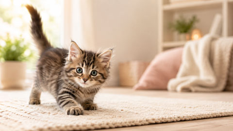A relaxed cat and playful kitten resting together at home