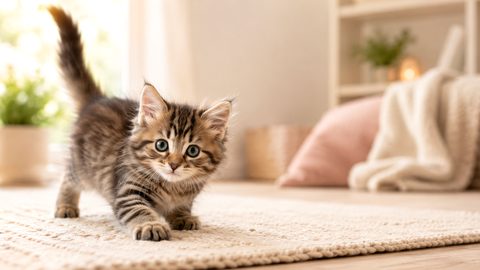 Young kitten exploring a cozy room for a kitten age by month guide
