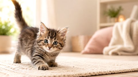 Playful kitten indoors for a kitten care by age guide