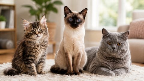 Different cat breeds relaxing together for a cat personality quiz